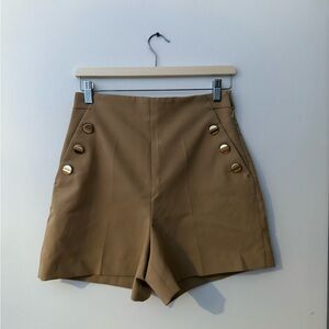 Zara Tan High Waist Shorts with Gold Button Accents